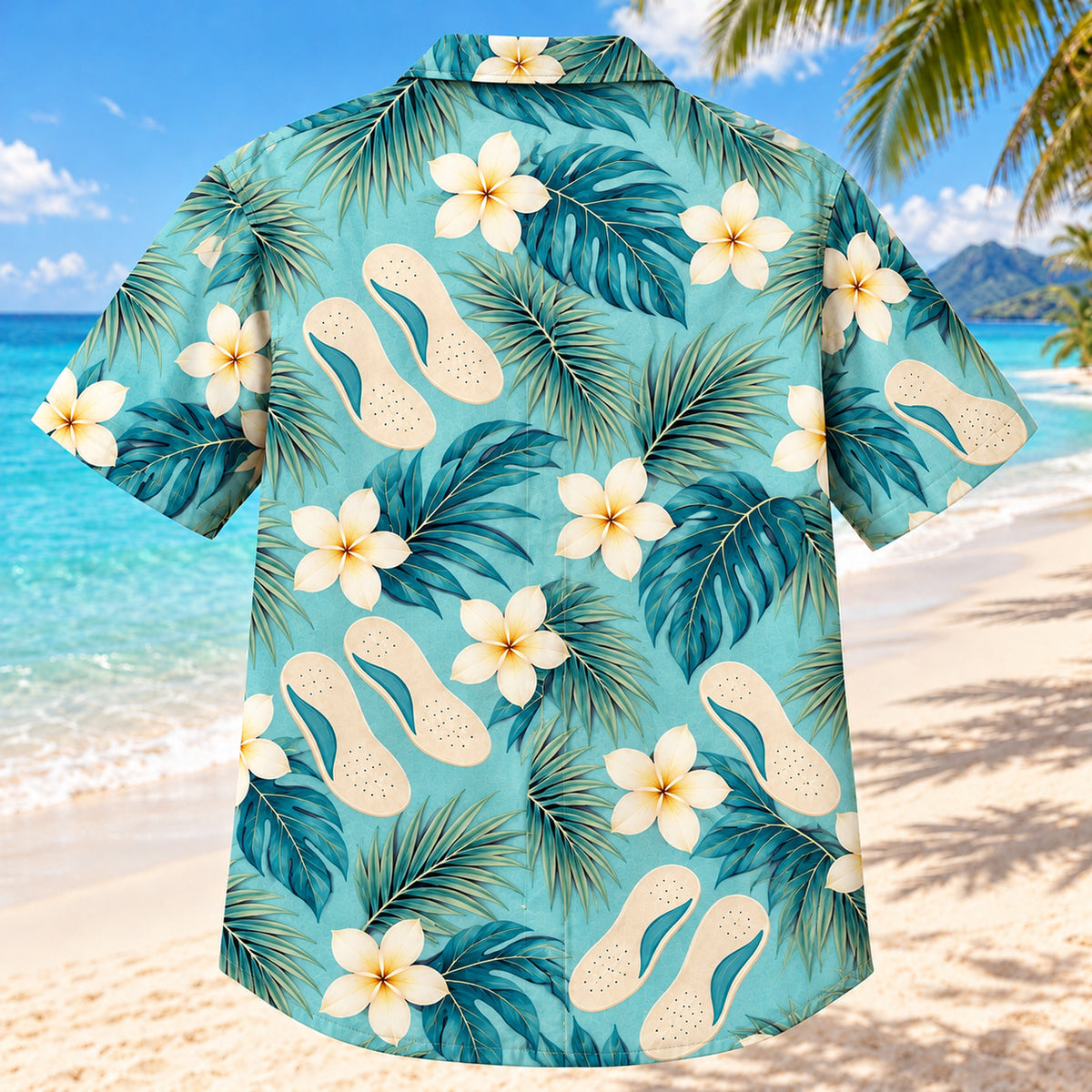 Back view of Foot Mold Coast Aqua Sand Orthotist and Prosthetist Hawaiian Shirt on a Hawaiian beach with fine white or light yellow sand and no dark rocks