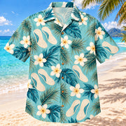 Front view of Foot Mold Coast Aqua Sand Orthotist and Prosthetist Hawaiian Shirt on a Hawaiian beach with fine white or light yellow sand and no dark rocks