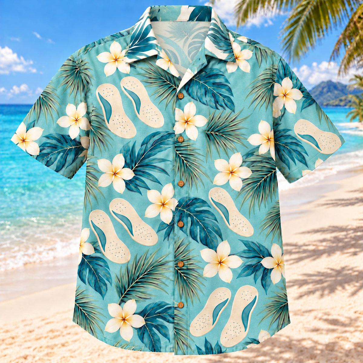 Front view of Foot Mold Coast Aqua Sand Orthotist and Prosthetist Hawaiian Shirt on a Hawaiian beach with fine white or light yellow sand and no dark rocks