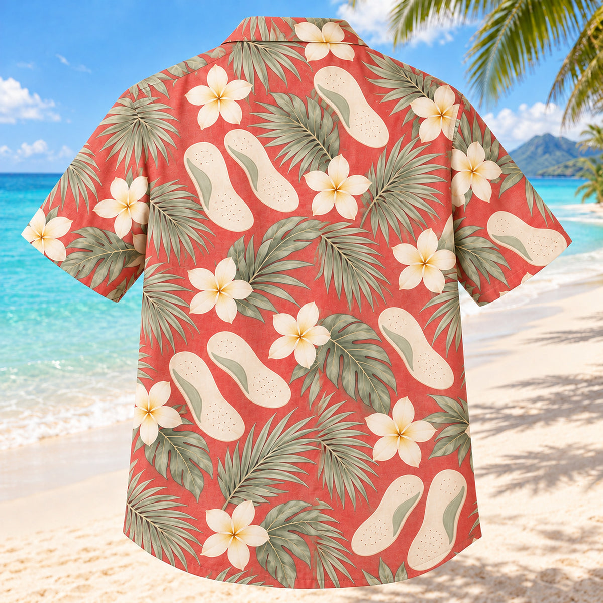Back view of Foot Mold Coast Coral Sage Orthotist and Prosthetist Hawaiian Shirt with matching artwork in soft coral, sage, cream