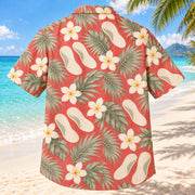 Back view of Foot Mold Coast Coral Sage Orthotist and Prosthetist Hawaiian Shirt with matching artwork in soft coral, sage, cream