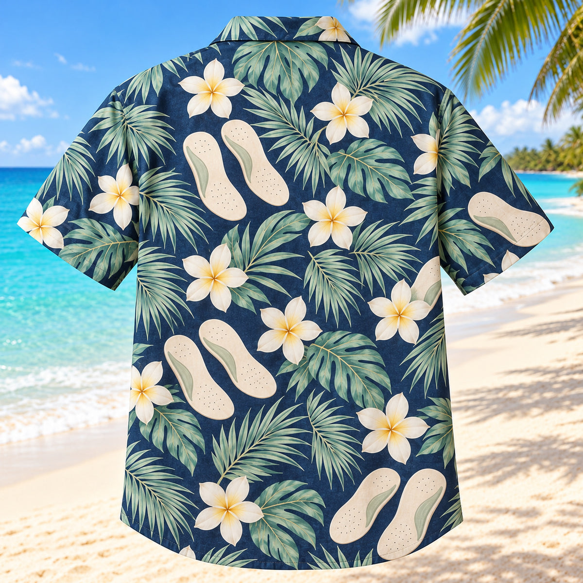 Back view of Foot Mold Coast Navy Cream Orthotist and Prosthetist Hawaiian Shirt with matching artwork in navy, warm ivory, pale seafoam