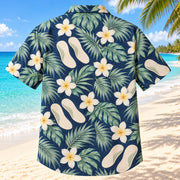 Back view of Foot Mold Coast Navy Cream Orthotist and Prosthetist Hawaiian Shirt with matching artwork in navy, warm ivory, pale seafoam