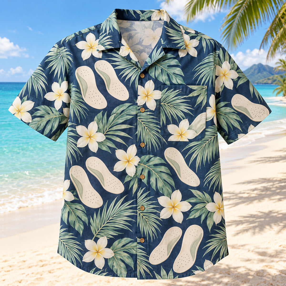 Front view of Foot Mold Coast Navy Cream Orthotist and Prosthetist Hawaiian Shirt with original simple foot molds, palm leaves and plumeria in a soft repeat