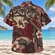 Back view of Forest Canopy Arborist Hawaiian Shirt with matching artwork in burgundy, beige, charcoal