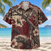Front view of Forest Canopy Arborist Hawaiian Shirt with original forest canopy motifs, with tropical botanical accents; no text or branded equipment