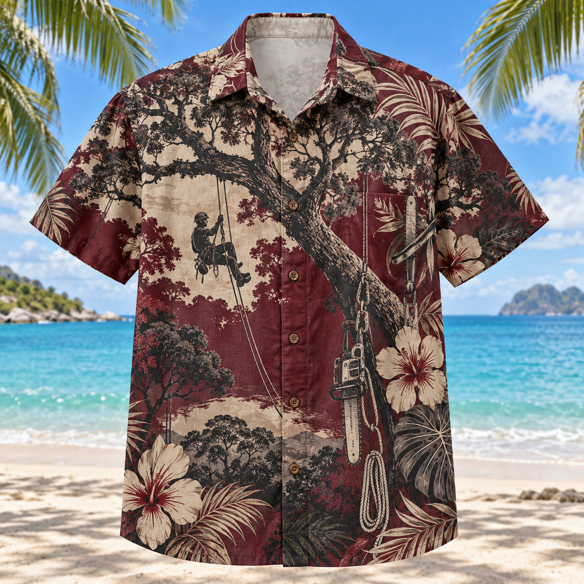 Front view of Forest Canopy Arborist Hawaiian Shirt with original forest canopy motifs, with tropical botanical accents; no text or branded equipment