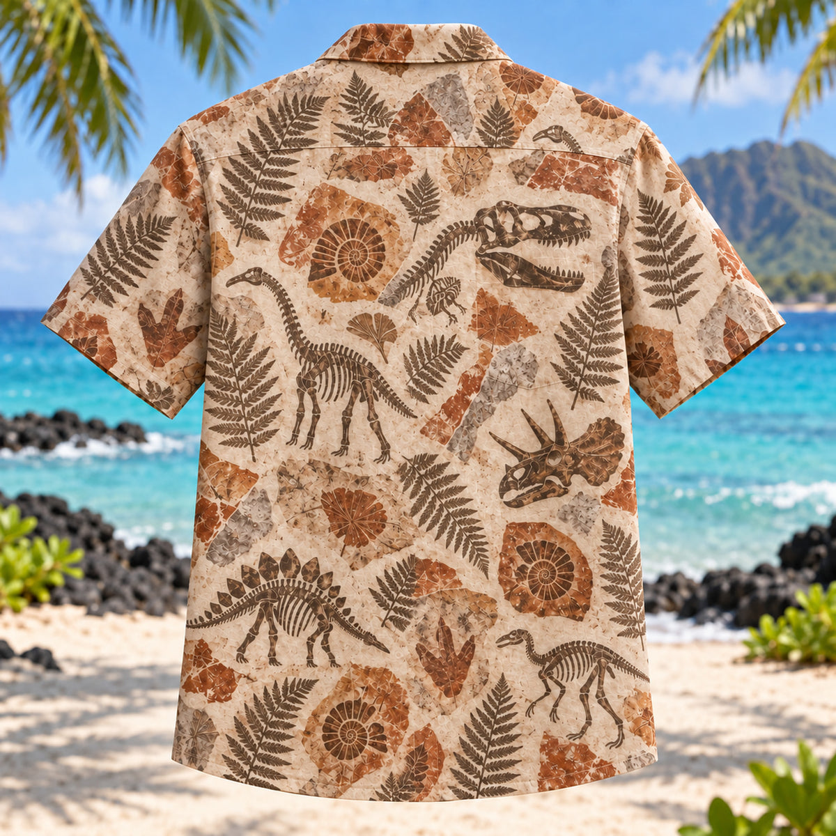 Back view of Fossil Imprint Dinosaur Hawaiian Shirt with matching artwork in stone, rust, cream