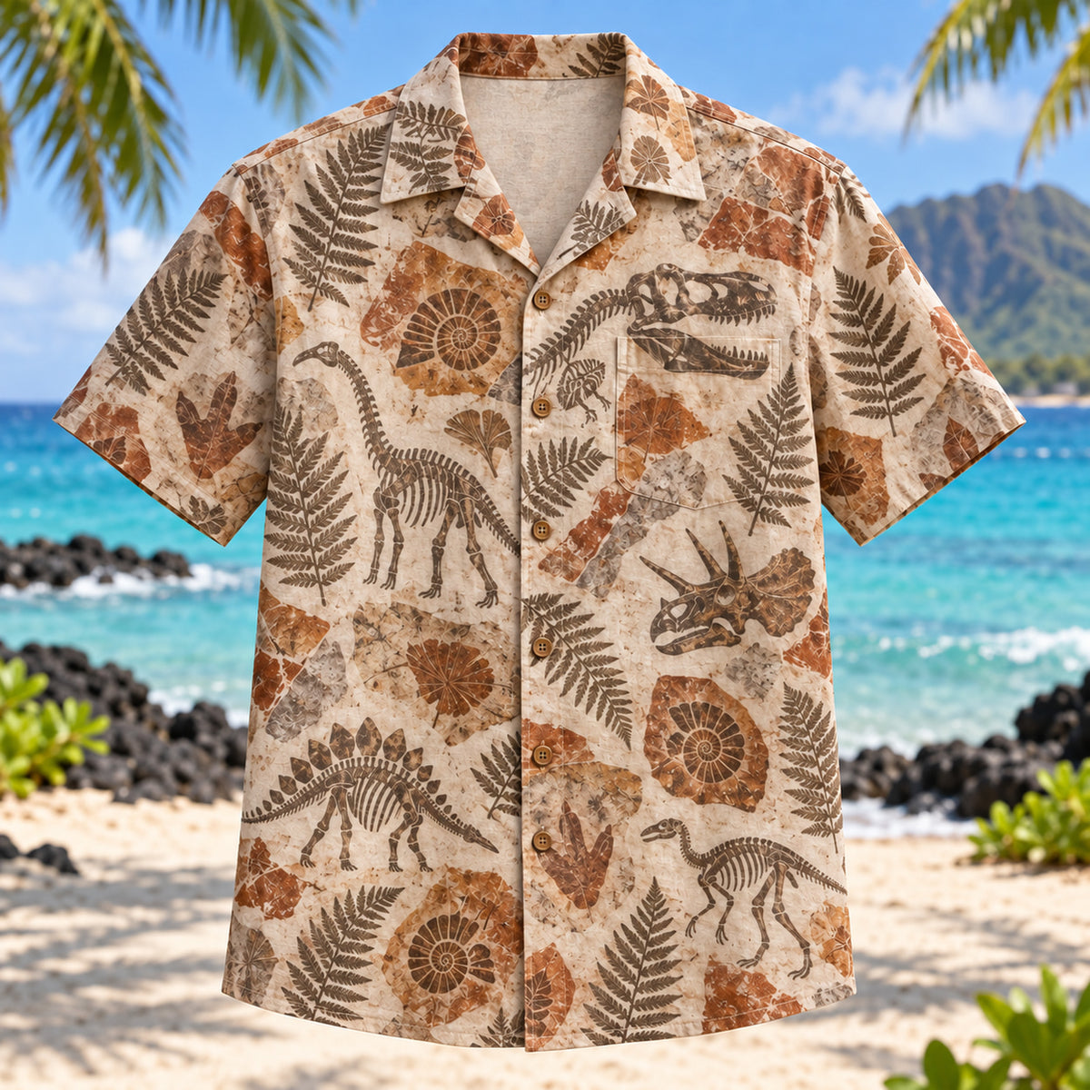 Front view of Fossil Imprint Dinosaur Hawaiian Shirt with original fossil imprints and fern leaf silhouettes