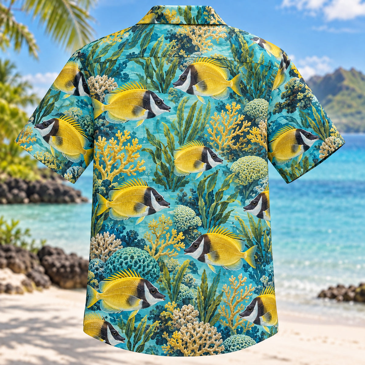 Back view of Foxface Reef Reef Aquarium Hawaiian Shirt with matching artwork in yellow, black, aqua