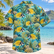 Back view of Foxface Reef Reef Aquarium Hawaiian Shirt with matching artwork in yellow, black, aqua
