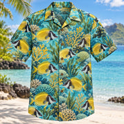 Front view of Foxface Reef Reef Aquarium Hawaiian Shirt with foxface rabbitfish among reef plants