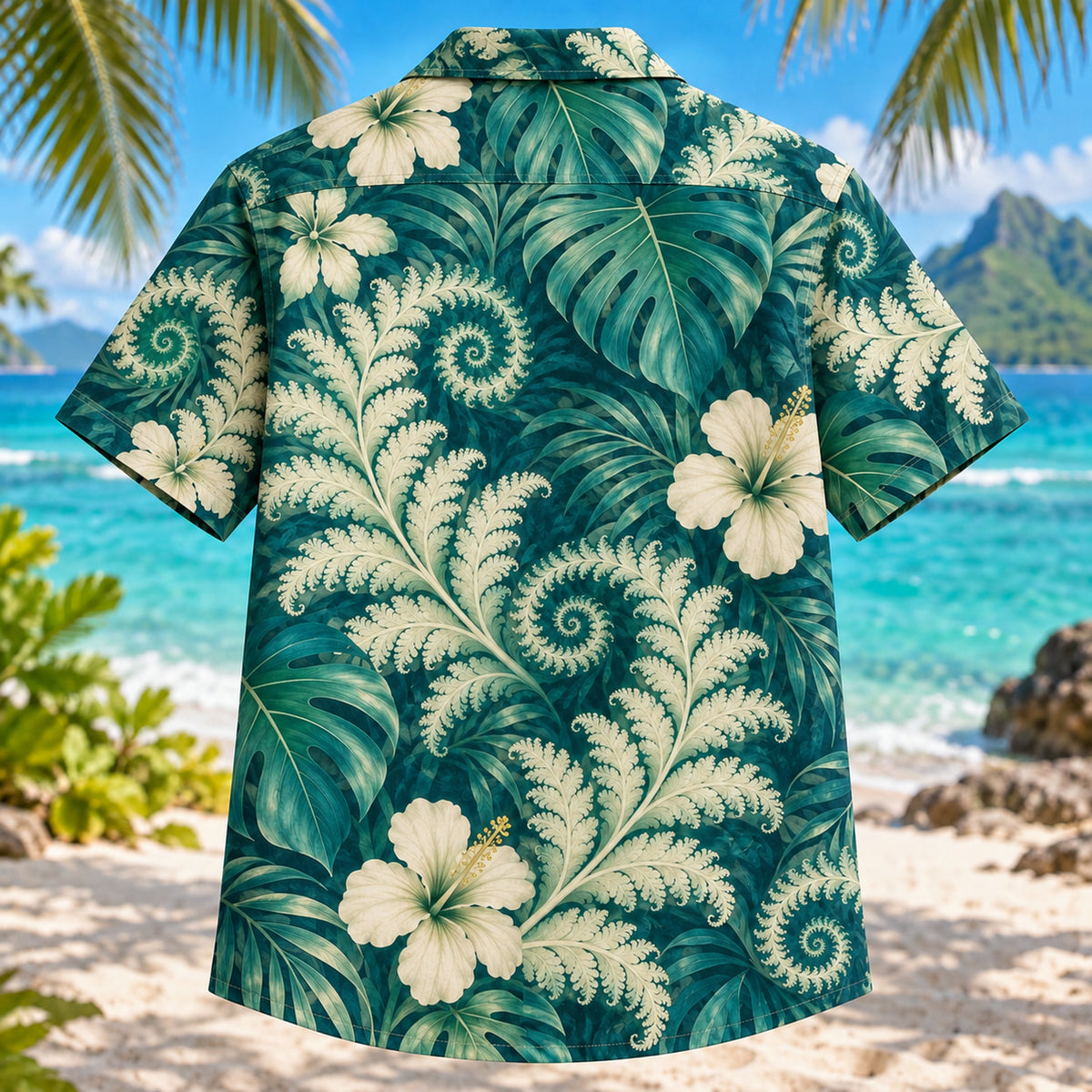 Back view of Fractal Fern Mathematics Hawaiian Shirt with matching artwork in teal, emerald, cream
