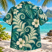Back view of Fractal Fern Mathematics Hawaiian Shirt with matching artwork in teal, emerald, cream