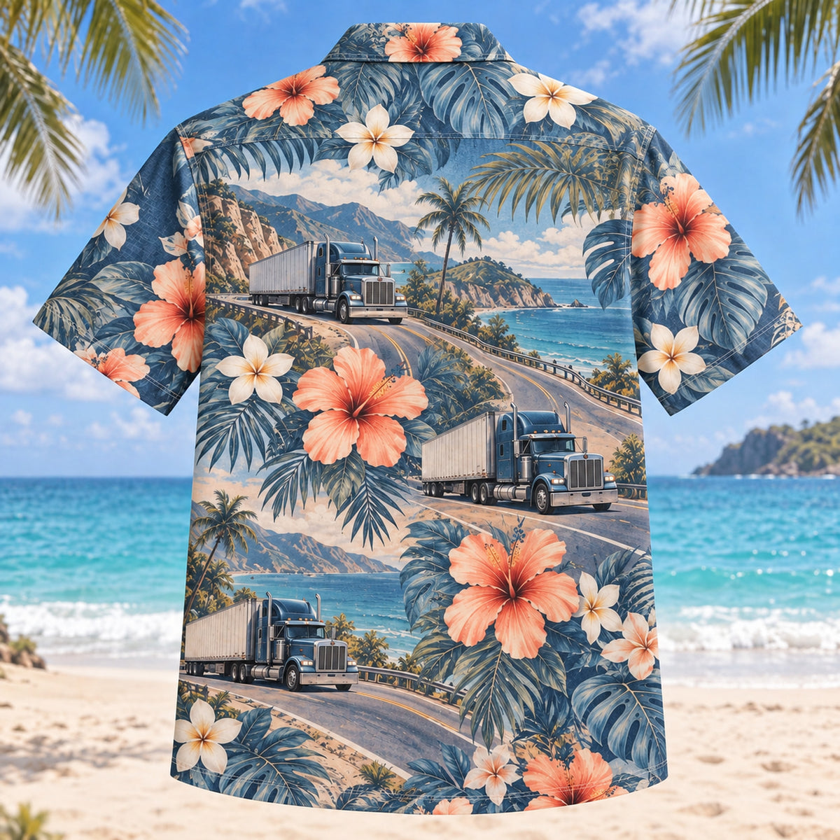 Back view of Freight Trailer Truck Driver Hawaiian Shirt with matching artwork in denim, peach, ivory