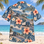 Back view of Freight Trailer Truck Driver Hawaiian Shirt with matching artwork in denim, peach, ivory