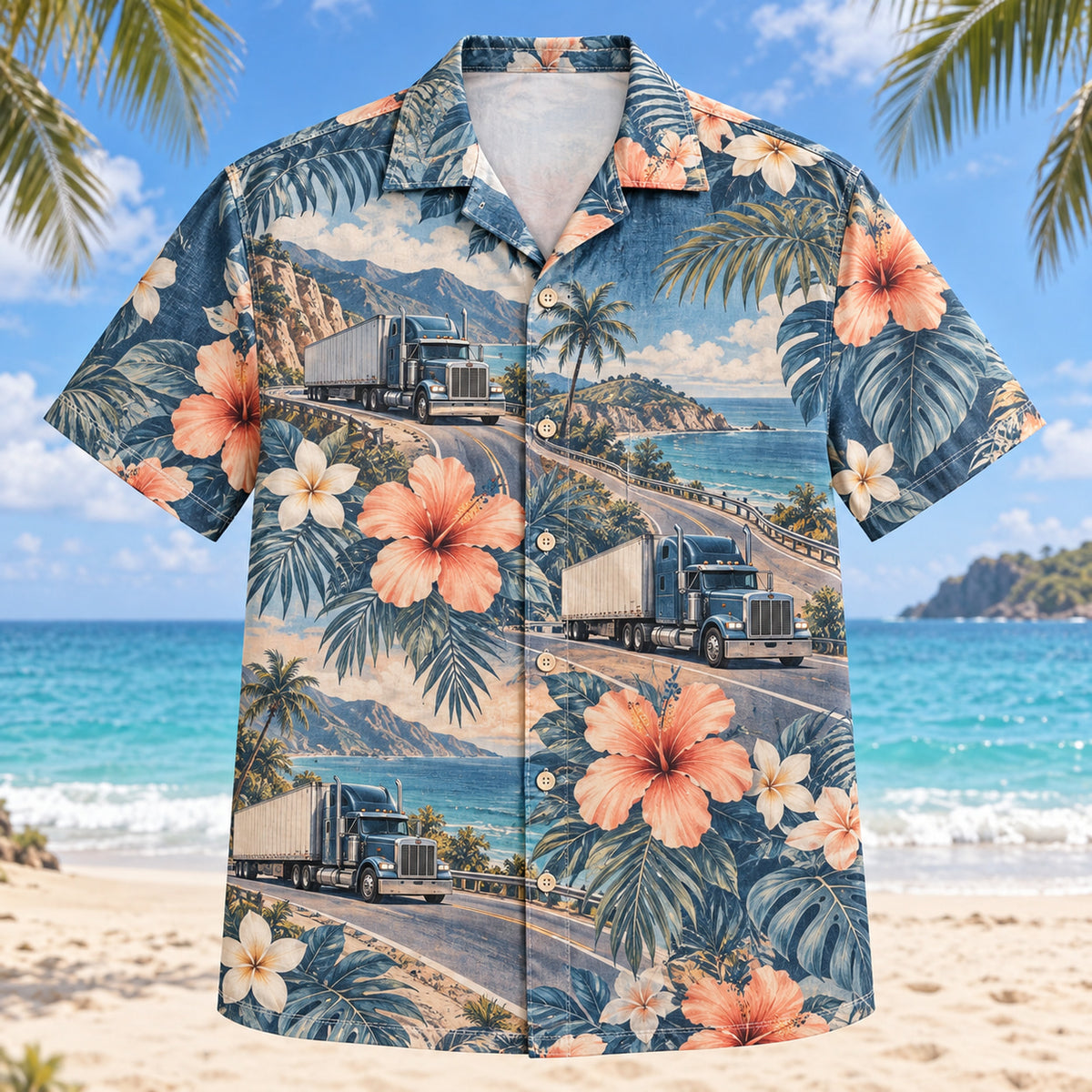 Front view of Freight Trailer Truck Driver Hawaiian Shirt with original freight trailer motifs, with tropical botanical accents; no text or branded equipment