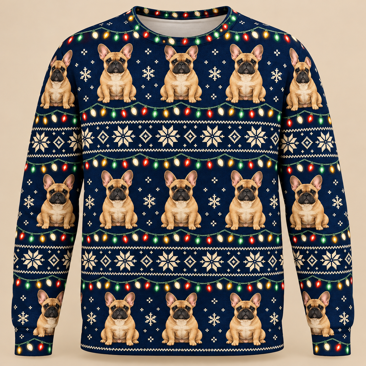 Front French Bulldog Christmas Lights Ugly Sweater