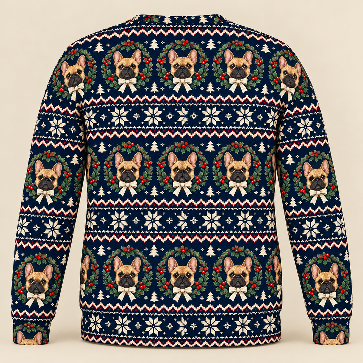 Back French Bulldog Holly Wreath Christmas Ugly Sweater