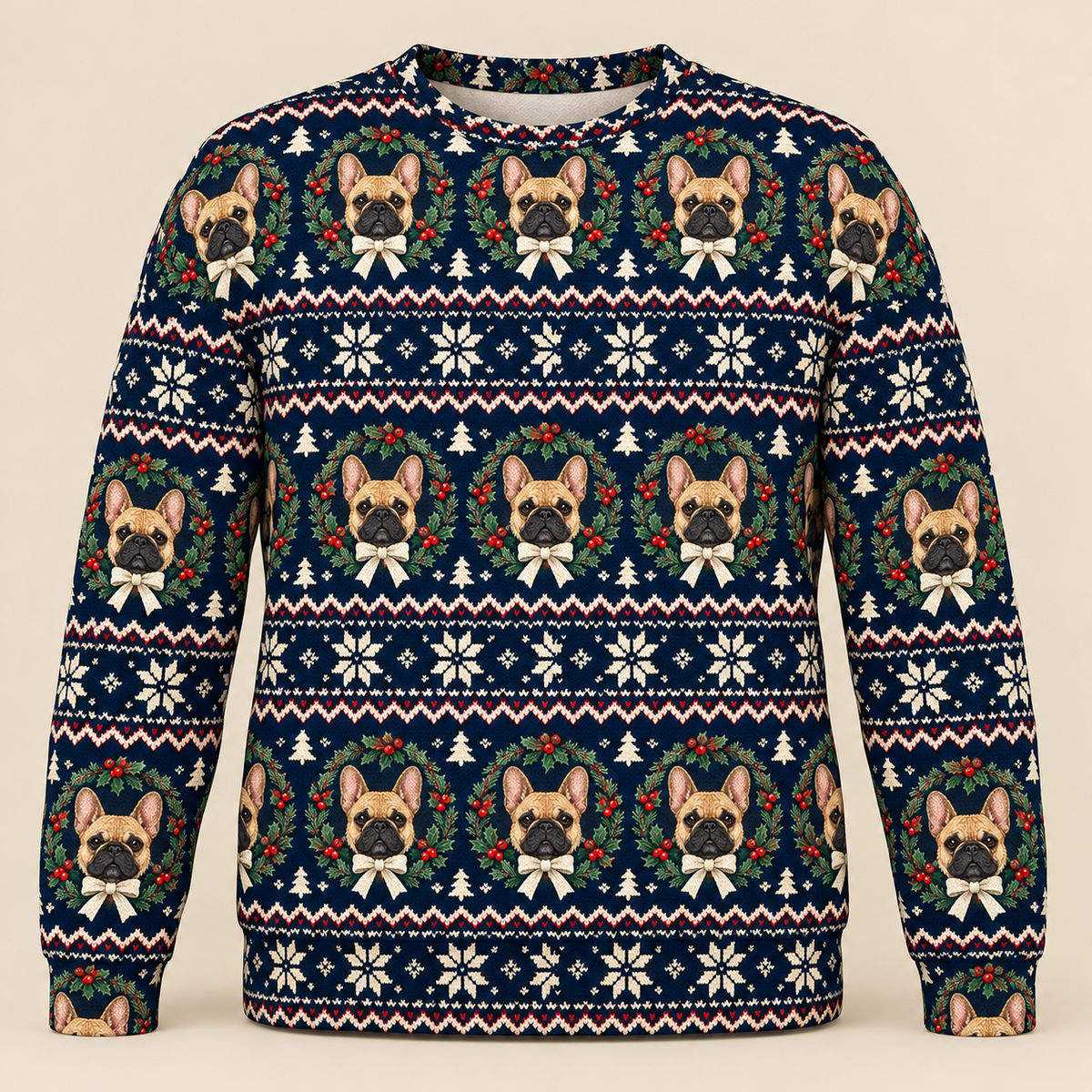 Front French Bulldog Holly Wreath Christmas Ugly Sweater
