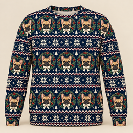 French Bulldog Holly Wreath Christmas All Over Print Ugly Sweater