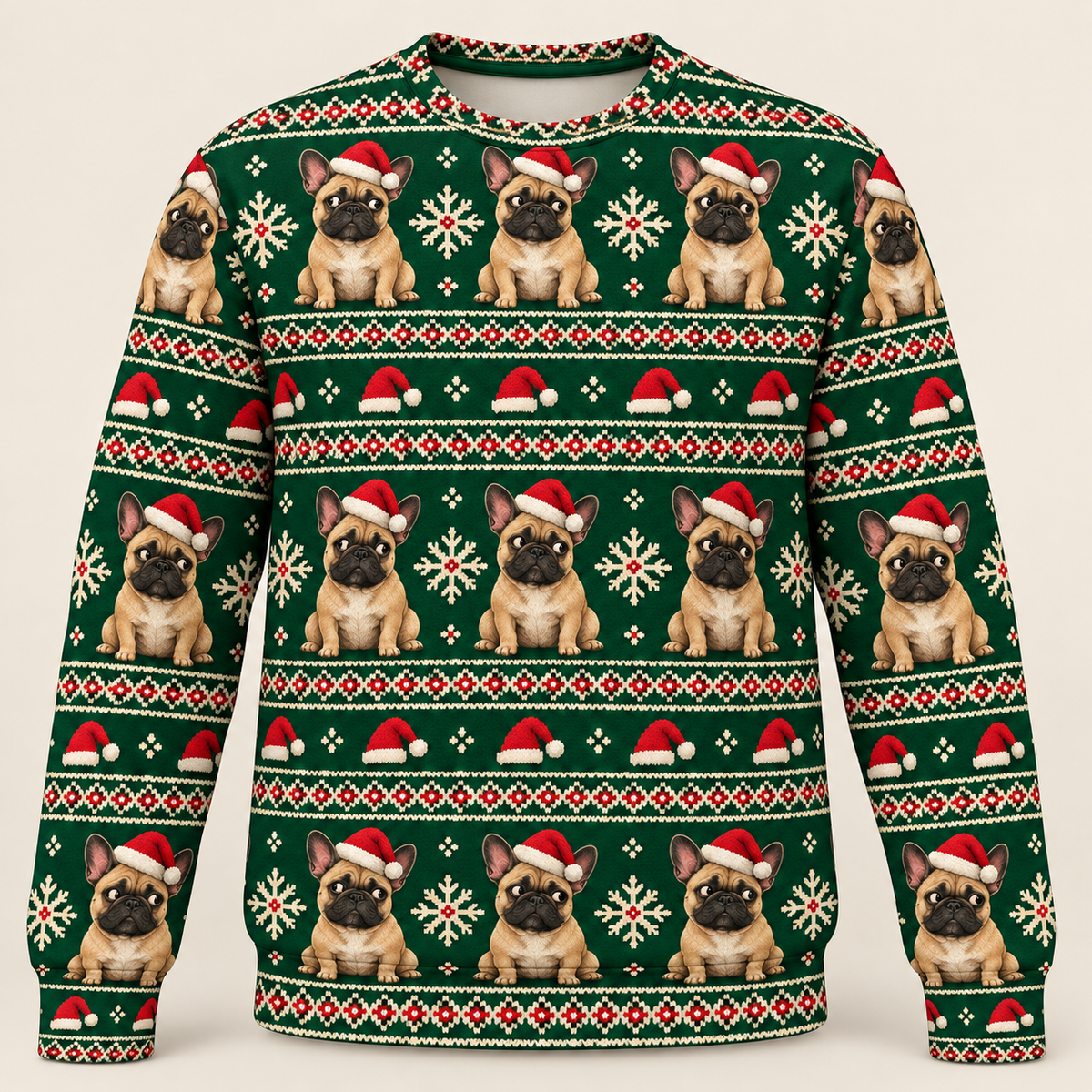 Front view French Bulldog Santa Christmas Ugly Sweater all over print