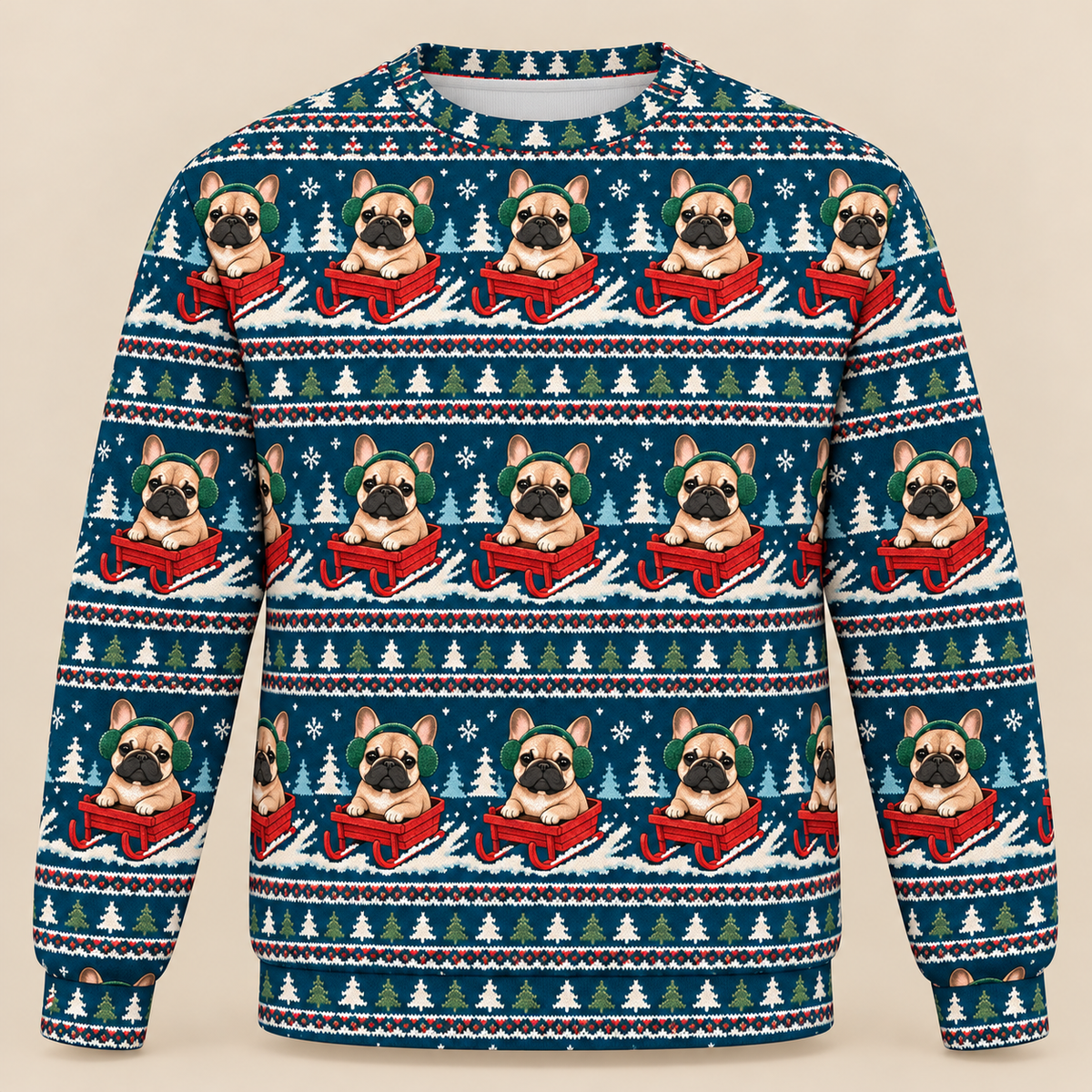 Front French Bulldog Sledding Christmas Ugly Sweater
