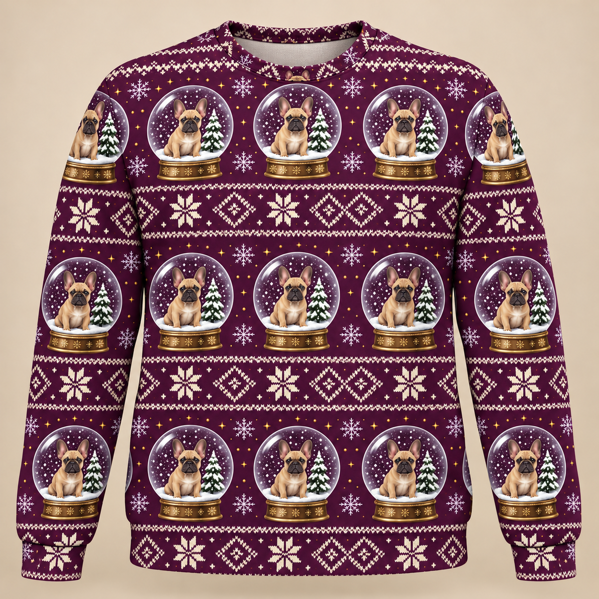 Front French Bulldog Snow Globe Christmas Ugly Sweater