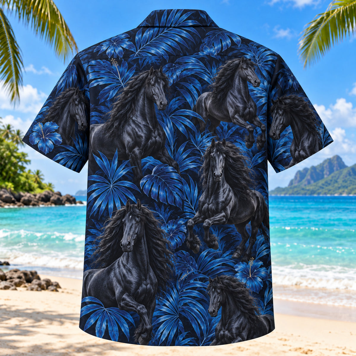 Back view of Friesian Midnight Horse Hawaiian Shirt with matching artwork in black, navy, gold
