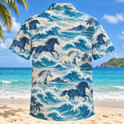 Back view of Galloping Wave Horse Hawaiian Shirt with matching artwork in cobalt, cream, rust