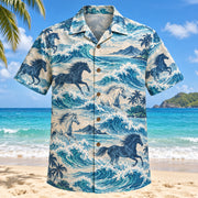 Front view of Galloping Wave Horse Hawaiian Shirt with galloping horse silhouettes woven with coastal waves