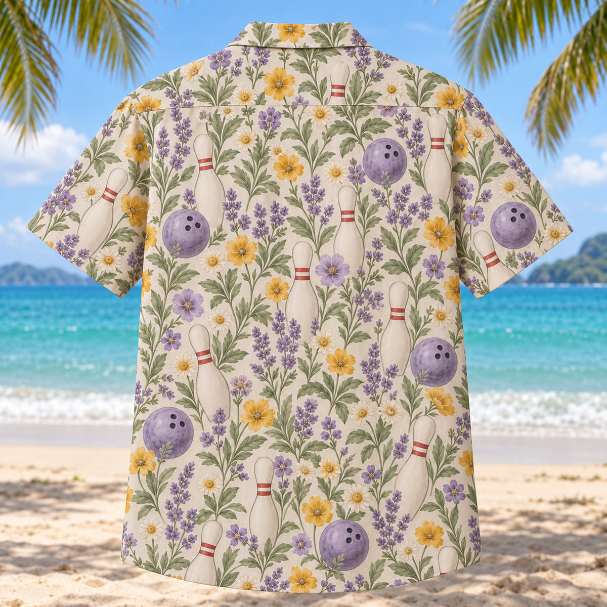 Back view of Garden Alley Bowling Hawaiian Shirt with matching bowling artwork in lavender, sage, cream, golden yellow