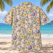 Back view of Garden Alley Bowling Hawaiian Shirt with matching bowling artwork in lavender, sage, cream, golden yellow