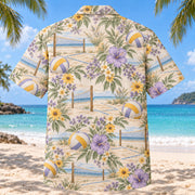 Back view of Garden Beach Volleyball Hawaiian Shirt with matching beach volleyball artwork in lavender, sage, cream, golden yellow