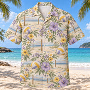 Front view of Garden Beach Volleyball Hawaiian Shirt with original meadow flowers and generic paneled volleyballs, beach volleyball nets and sand-court lines in a spacious repeat