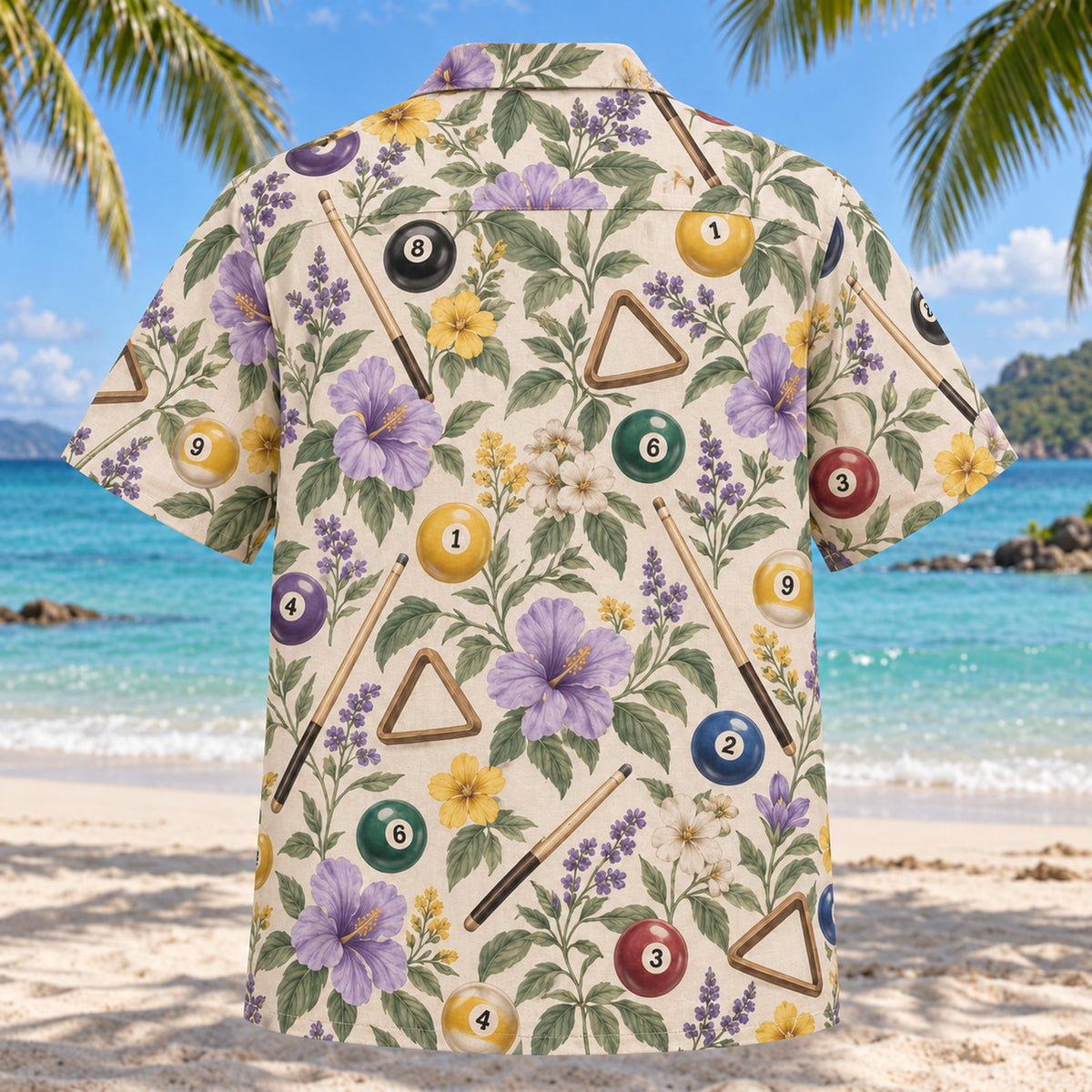 Back view of Garden Billiards Hawaiian Shirt with matching billiards artwork in lavender, sage, cream, golden yellow