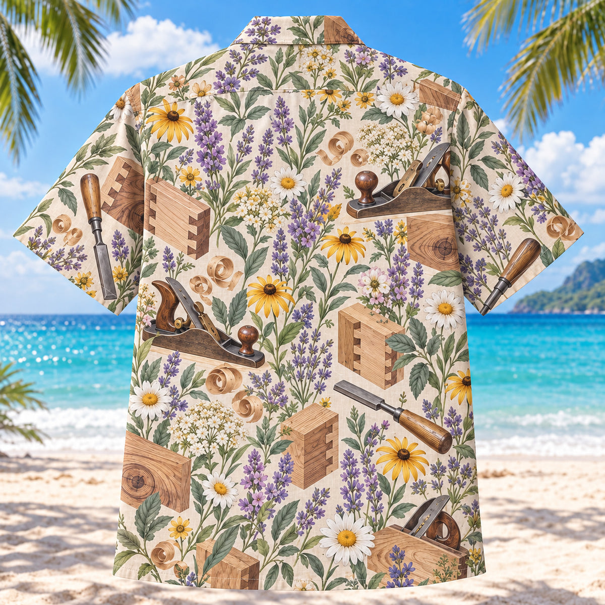 Back view of Garden Carpenter Hawaiian Shirt with matching carpenter artwork in lavender, sage, cream, golden yellow
