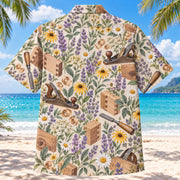 Back view of Garden Carpenter Hawaiian Shirt with matching carpenter artwork in lavender, sage, cream, golden yellow