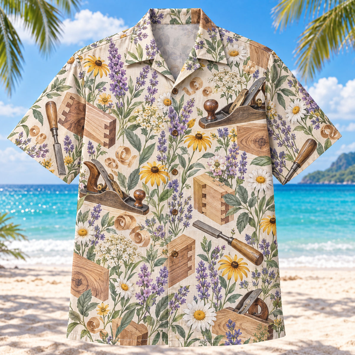 Front view of Garden Carpenter Hawaiian Shirt with original meadow flowers and vintage hand planes, chisels, wood joints, shavings and original wood grain in a spacious repeat