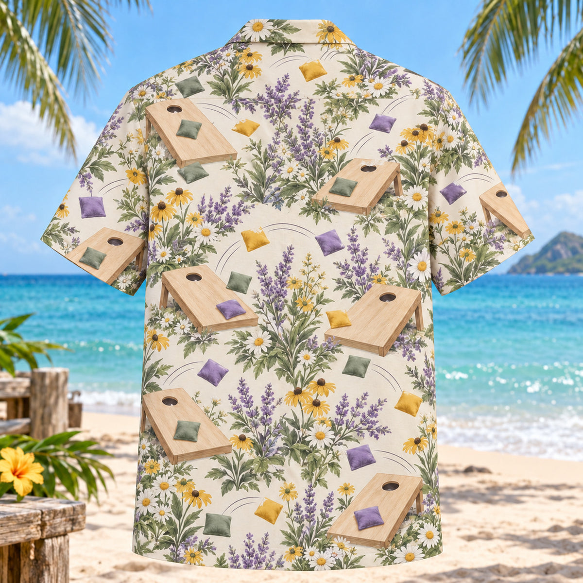 Back view of Garden Cornhole Hawaiian Shirt with matching cornhole artwork in lavender, sage, cream, golden yellow