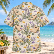 Back view of Garden Cornhole Hawaiian Shirt with matching cornhole artwork in lavender, sage, cream, golden yellow
