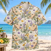 Front view of Garden Cornhole Hawaiian Shirt with original meadow flowers and plain wooden cornhole boards with circular holes, colorful fabric bean bags and toss arcs in a spacious repeat