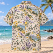 Back view of Garden Cycling Hawaiian Shirt with matching cycling artwork in lavender, sage, cream, golden yellow