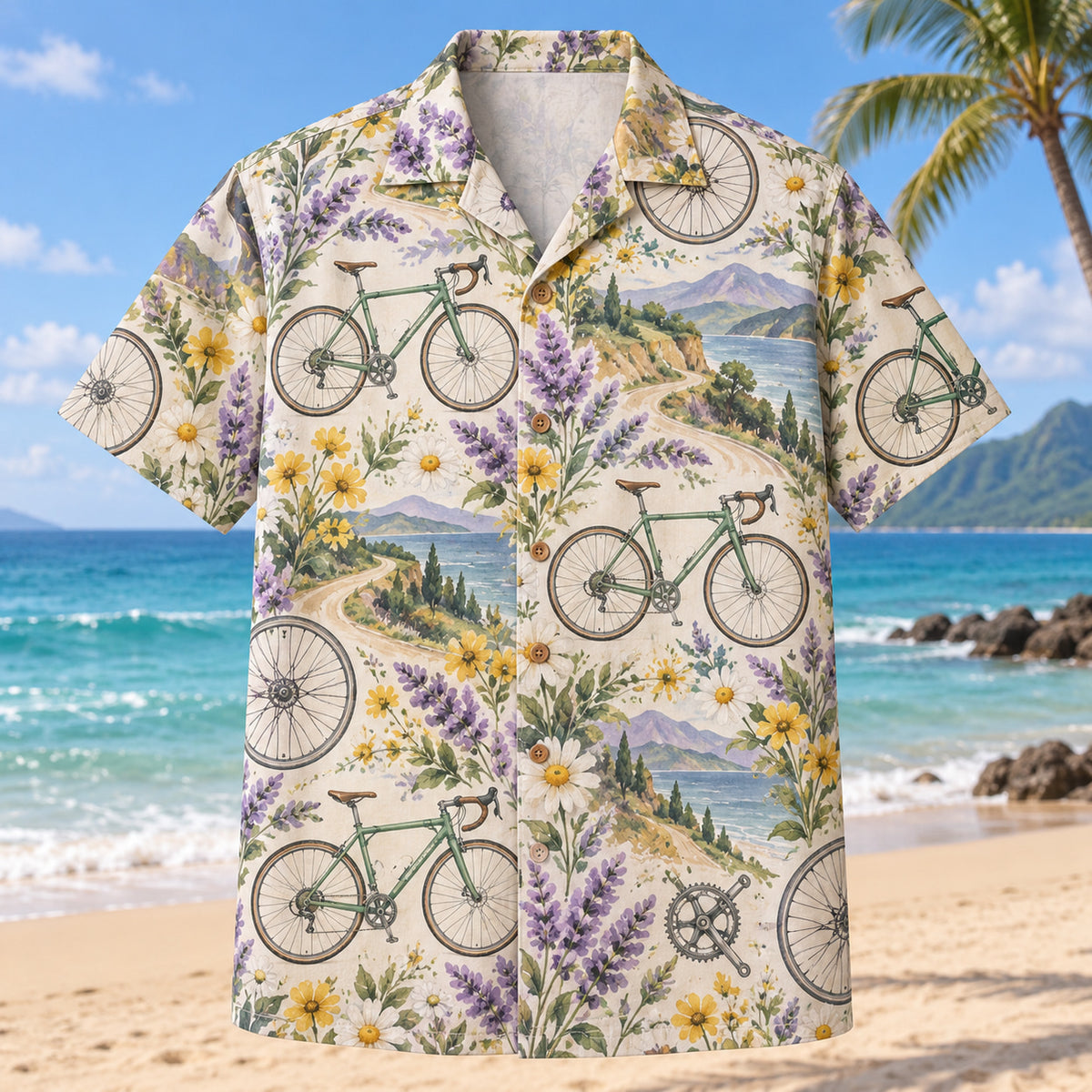 Front view of Garden Cycling Hawaiian Shirt with original meadow flowers and generic unbranded bicycles, spinning wheels and simple chainrings in a spacious repeat
