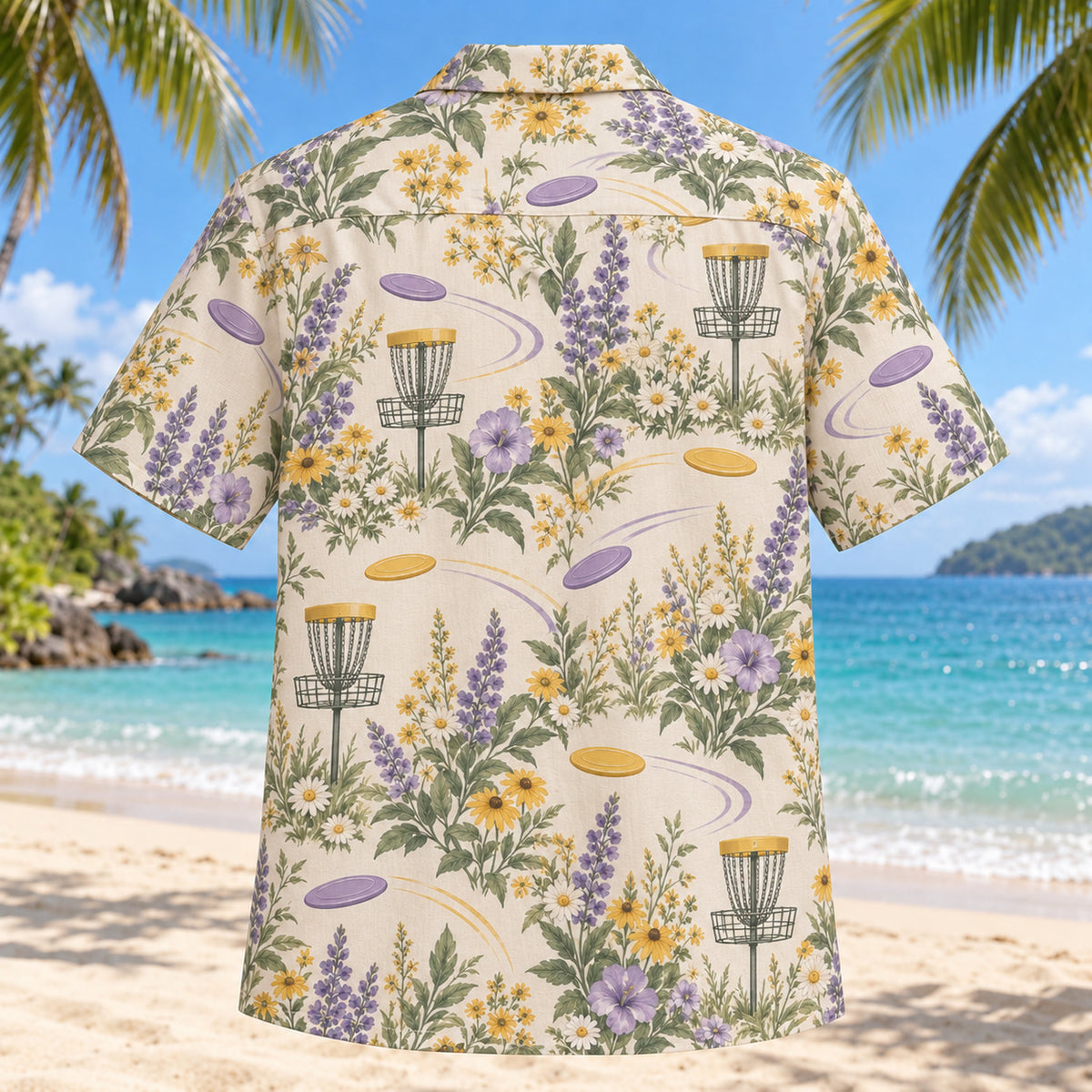 Back view of Garden Disc Golf Hawaiian Shirt with matching disc golf artwork in lavender, sage, cream, golden yellow