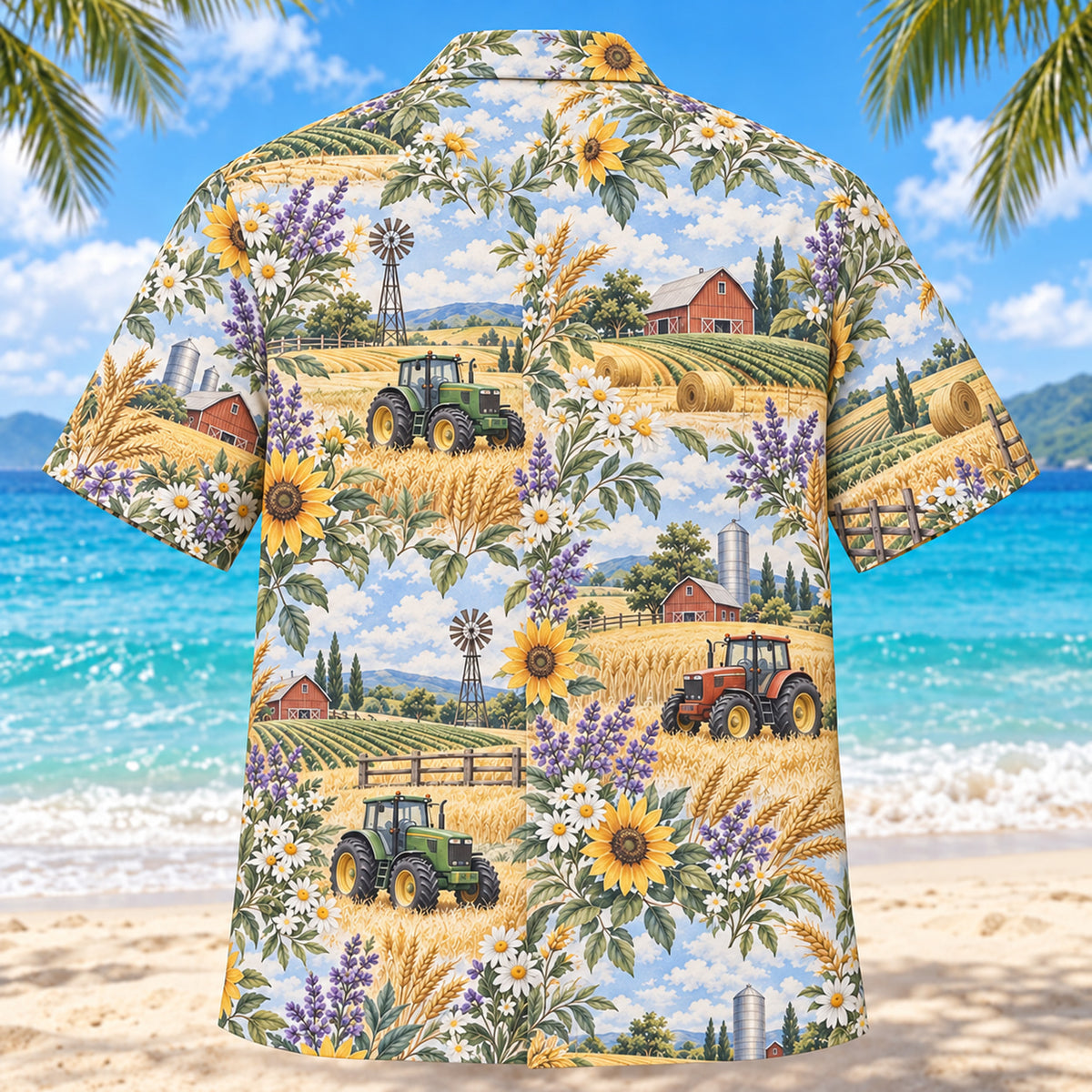 Back view of Garden Farmer and Tractor Hawaiian Shirt with matching farmer and tractor artwork in lavender, sage, cream, golden yellow