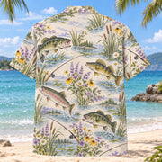 Back view of Garden Freshwater Fishing Hawaiian Shirt with matching freshwater fishing artwork in lavender, sage, cream, golden yellow