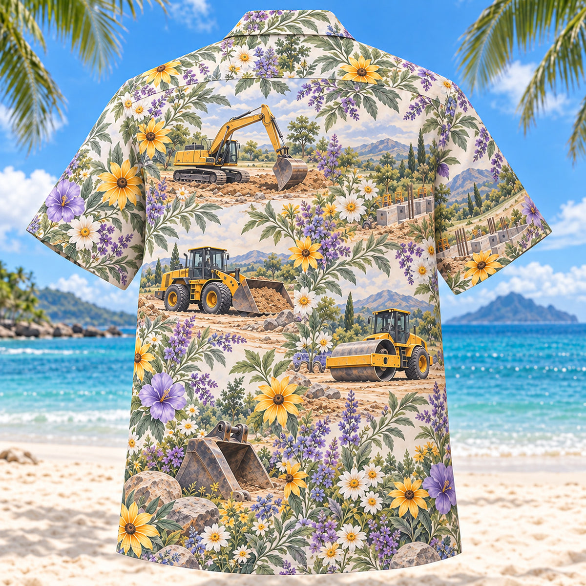 Back view of Garden Heavy Equipment Operator Hawaiian Shirt with matching heavy equipment operator artwork in lavender, sage, cream, golden yellow