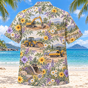 Back view of Garden Heavy Equipment Operator Hawaiian Shirt with matching heavy equipment operator artwork in lavender, sage, cream, golden yellow