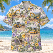 Front view of Garden Heavy Equipment Operator Hawaiian Shirt with original meadow flowers and generic excavators, rollers, buckets and original construction scenes in a spacious repeat